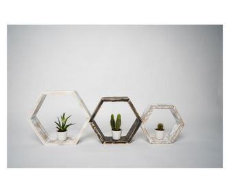 Set 3 Rafturi De Perete Hexagonale, Iowa, Alb/negru Got Wood, lemn, 38x10x33 cm, alb/negru