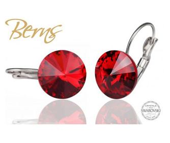 Cercei, cristale Swarovski, cu agatatoare rosu, diametru 14mm