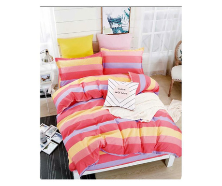 Lenjerie de pat pentru o persoana cu husa elastic pat si fata perna dreptunghiulara, pilons, bumbac mercerizat, multicolor Sofi