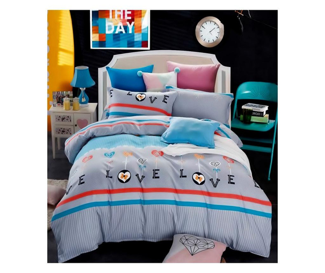 Lenjerie de pat pentru o persoana cu husa elastic pat si fata perna dreptunghiulara, Hawa Mahal, bumbac mercerizat, multicolor
