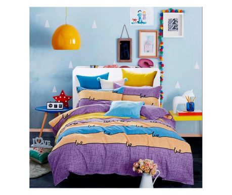 Lenjerie de pat pentru o persoana cu husa elastic pat si fata perna dreptunghiulara, iguazú falls, bumbac mercerizat, multicolor Sofi