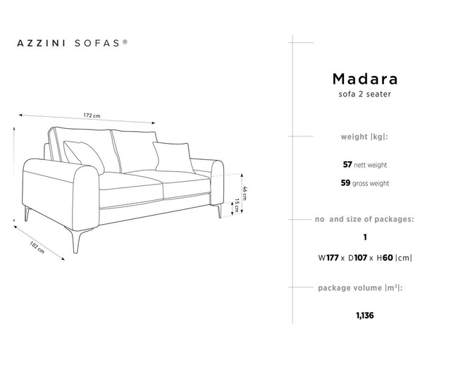 Madara Light Grey, Black Kétszemélyes kanapé