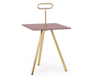 Konferenční stolek s růžovou skleněnou deskou a zlatými železnými nohami 35 cm X 35 cm X 63 V
