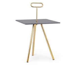 Dohányzóasztal szürke üveglappal és arany vaslábakkal, 40 cm x 40 cm x 67 cm magas