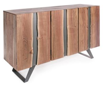 Aron természetes fa komód szürke fém berakással és szürke vas lábakkal, 145 cm X 40 cm X 85 H