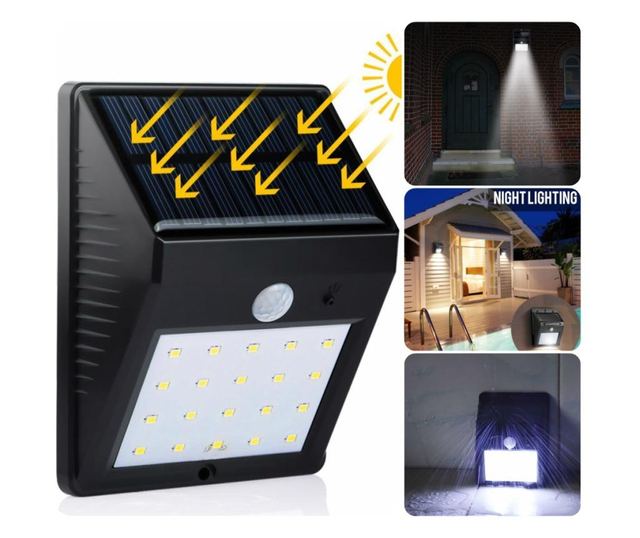 Lampa cu LED MRG P-285, Panou solar, Senzor de miscare, 20 LED