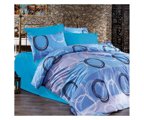 Lenjerie de pat pentru o persoana cu husa elastic pat si 2 fete perna dreptunghiulara, blue circles, bumbac ranforce, gramaj tes Sofi