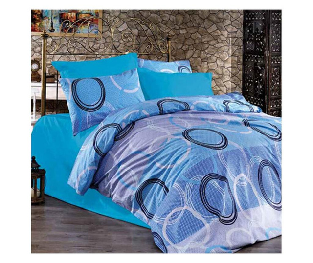 Lenjerie de pat pentru o persoana cu husa elastic pat si fata perna patrata, Blue circles, bumbac satinat, gramaj tesatura 120 g