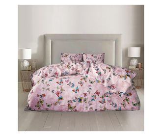 Lenjerie de pat pentru o persoana cu husa elastic pat si 2 fete perna dreptunghiulara, pink flies, bumbac ranforce, gramaj tesat