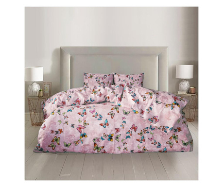 Lenjerie de pat pentru o persoana cu husa elastic pat si 2 fete perna dreptunghiulara, pink flies, bumbac ranforce, gramaj tesat Sofi