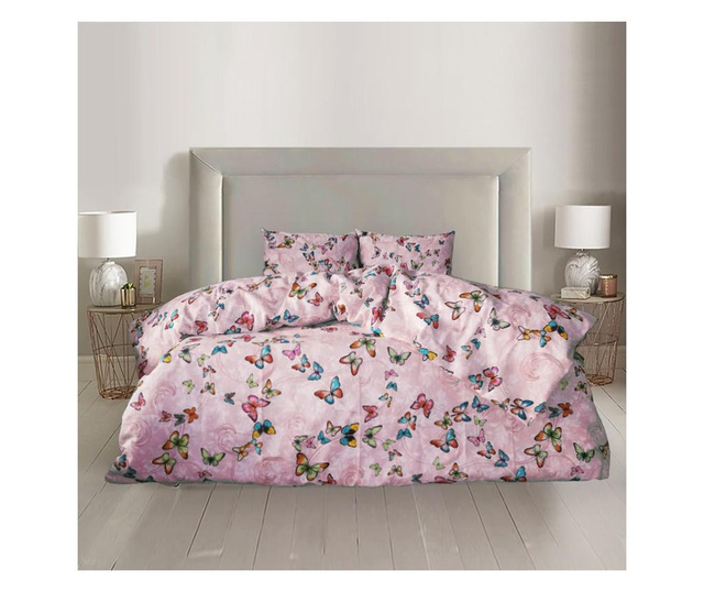 Lenjerie de pat pentru o persoana cu husa elastic pat si 2 fete perna patrata, Pink flies, bumbac satinat, gramaj tesatura 120 g
