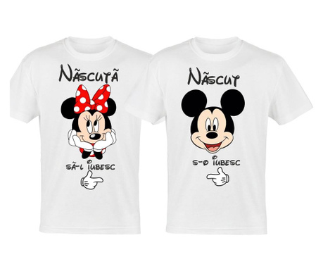 Set Tricouri Indragostiti, Colectia Love, Logo Nascuti Pentru Iubire, Minnie Si Mickey Mouse Din Bumbac, Albe, Marimi S-2XL