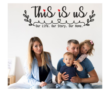 Sticker Perete Sufragerie Sau Dormitor, Cu Mesaj Pentru Familie, Frunze Si Inimioare, This Is Us, 119 X 36 Cm