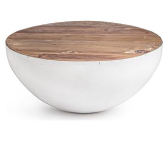 Masuta Cafea Metal Alb Cu Blat Lemn Natur Lancaster Ø 70 Cm X 32 H