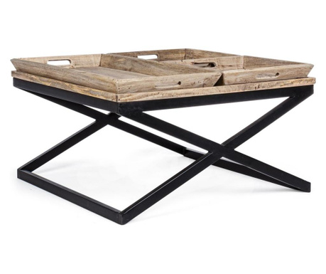 Klubska mizica iz naravnega lesa s 3 servirnimi pladnji okvir iz črnega železa Pladenj 90 cm x 90 cm x 52 h
