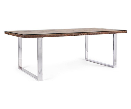 Nožni stol od nehrđajućeg čelika sa smeđom drvenom pločom i Stanton staklom 220 cm x 100 cm x 76 h