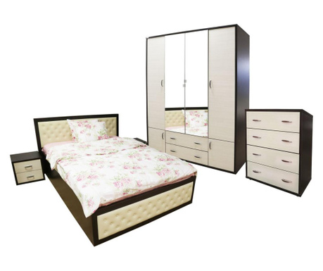Set Dormitor Torino cu pat cu somiera metalica rabatabila pentru saltea 140x200 cm, Wenge / Brad