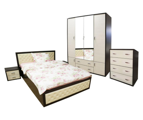 Set Dormitor Torino cu pat cu somiera metalica rabatabila pentru saltea 160x200 cm, Wenge / Brad