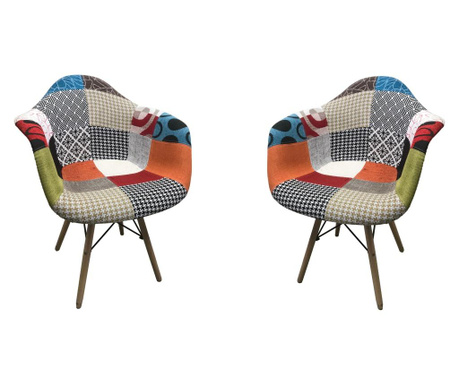 Set 2 scaune dining tip fotoliu LOTUS, textil patchwork multicolor, picioare lemn+metal