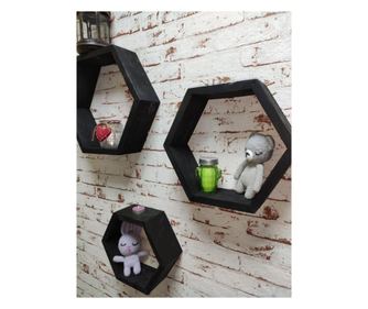 Set 3 rafturi de perete din lemn, in forma hexagonala, cu prindere ascunsa, Carnival, negru 37.5 x 32.5 x 9.5 cm, 32.5 x 28 x 9.