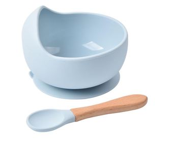 Set Bol Din Silicon Cu Ventuza Anti-alunecare Si Lingurita Din Bambus, Bleu, 350 ml