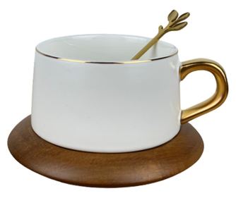 Set Ceasca de cafea 200ml cu farfurie din lemn si lingurita, Alb 200ml