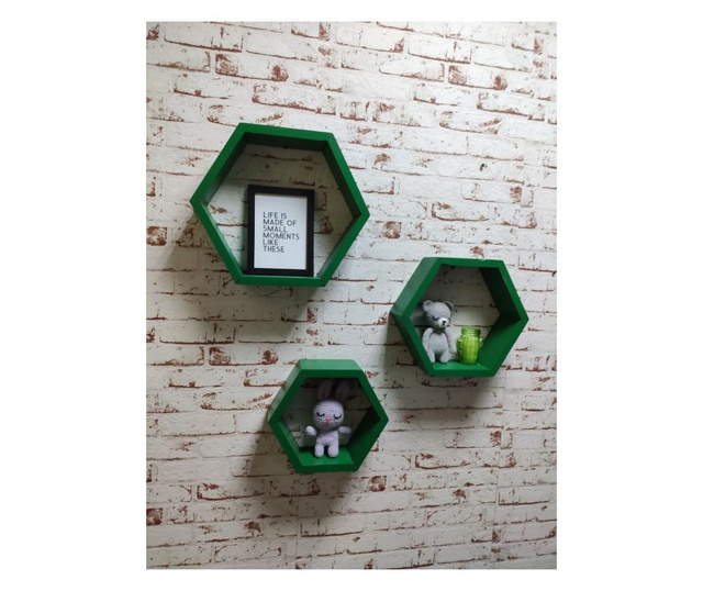 Set 3 rafturi de perete din lemn, in forma hexagonala, cu prindere ascunsa, Carnival, verde 37.5 x 32.5 x 9.5 cm, 32.5 x 28 x 9.