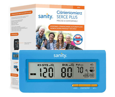 Tensiometru electronic de brat Sanity Serce Plus, 60 seturi de memorie, tehnologie FDS, Albastru