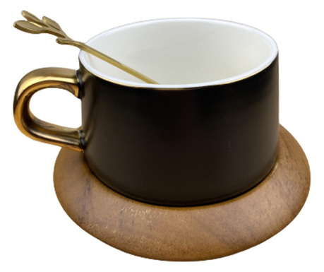 Set Ceasca de cafea cu farfurie din lemn si lingurita, Negru 200ml 200ml