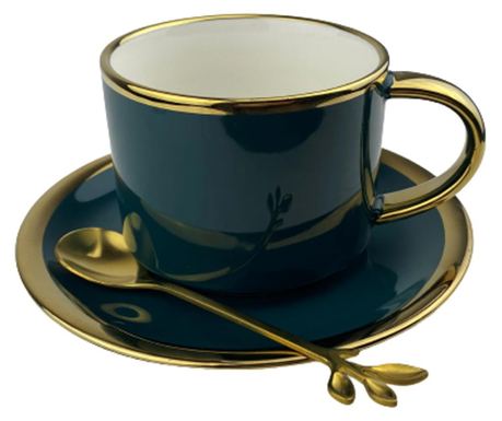Set Ceasca de cafea 200ml cu farfurie si lingurita din ceramica, Verde Royal 200ml