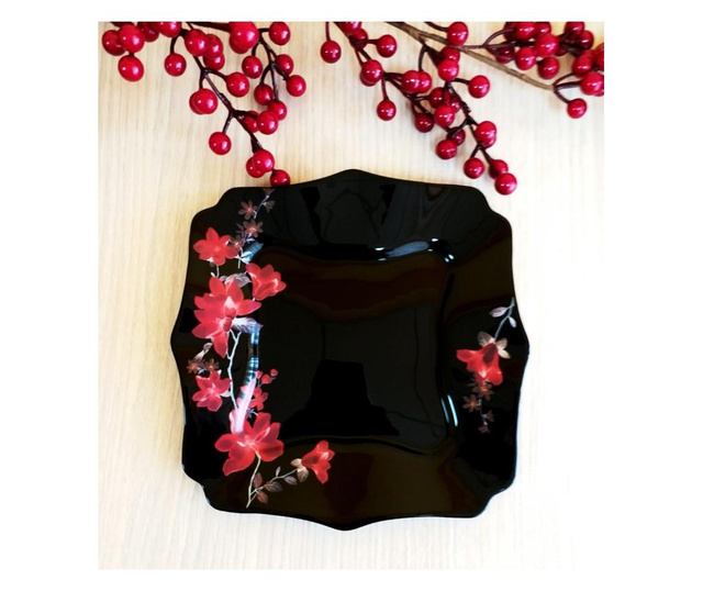 Set 6 Farfurii negre cu flori rosii, patrate,opal,22cm