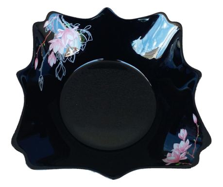 Bol mare negru opal,patrat,19cm,decor floral magnolie