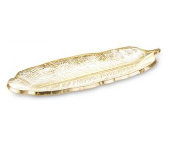 Platou din sticla model frunza, auriu, 37x12 cm