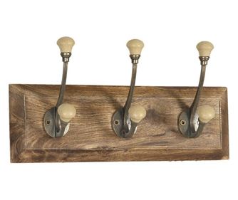 Stenski obešalnik s 3 obešalniki iz rjavega lesa in krem keramike 30 cm x 7 cm x 10 h