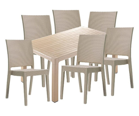 Set CULINARO LIHULU, masa 150x90x75cm, 6 scaune 59x44xH88cm polipropilena/fibra sticla culoare cappuccino