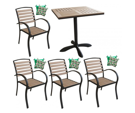 RAKI Set terasa, bistro masa patrata POLYWOOD NATURAL 70x70x72cm cu 4 scaune 86x40x45cm si 4 perne scaun