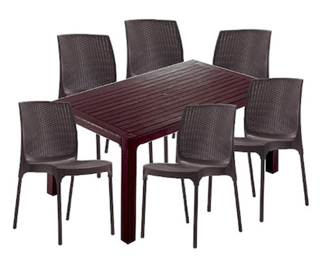 Set mobilier gradina CULINARO KAHTLA, masa 150x90x75cm, 6 scaune 44x45xH84cm polipropilena/fibra sticla maro