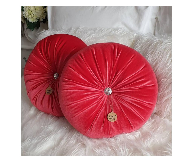 Perna decorativa rotunda catifea rosu corai 33 cm