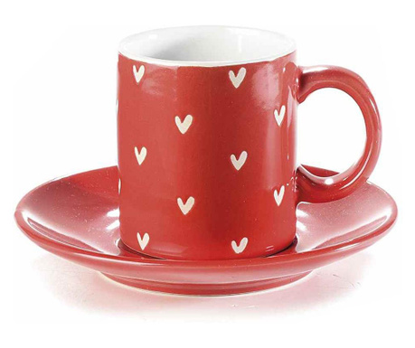 Керамична чаша и чинийка, Червена и бяла  Ø 6x6.5 см