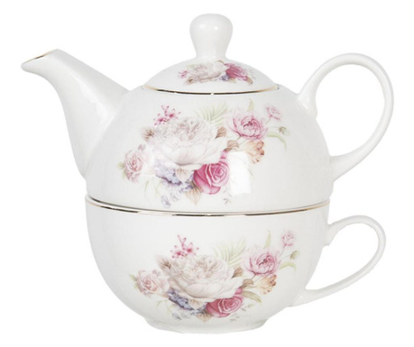 Fehér porcelán teáskanna és csészekészlet rózsaszín virágdíszítéssel 17 cm x 11 cm x 14 h