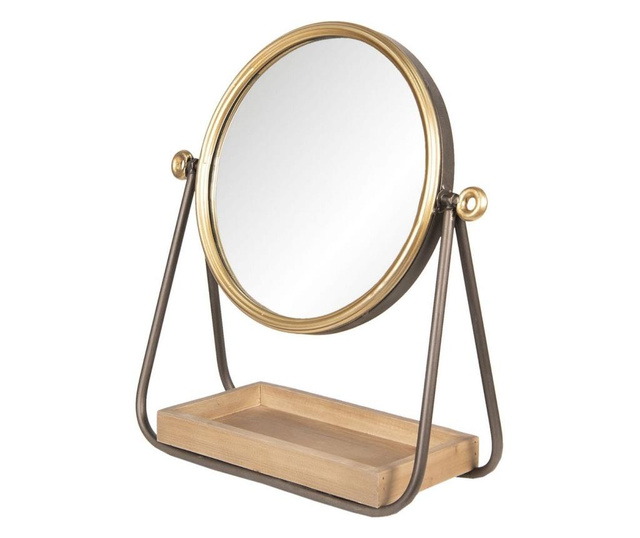 Oglinda de masa cu rama din metal auriu maro si tava din lemn natur 40x14x42 cm
