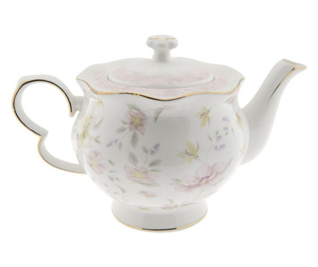 Бял порцеланов чайник и чаша с флорална декорация 17x11x14 cm