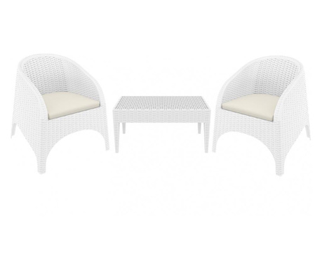 RAKI Set mobilier terasa 2 fotolii ARUBA 74x75xh80cm cu masuta cafea MIAMI 93x53xh45cm polipropilena/fibra sticla alba + 2 perne