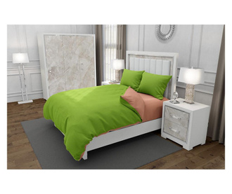 Lenjerie de pat pentru o persoana cu husa elastic pat si 2 fete perna patrata, duo green, bumbac ranforce, gramaj tesatura 120 g