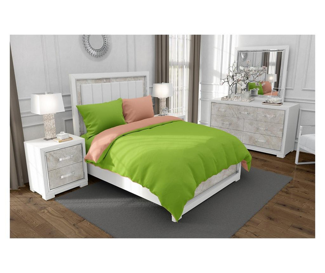 Lenjerie de pat pentru o persoana cu husa elastic pat si 2 fete perna patrata cu mix culoare, duo green, bumbac ranforce, gramaj