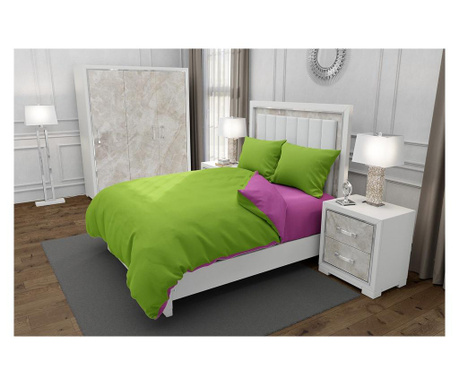 Lenjerie de pat pentru o persoana cu 2 huse de perna patrata, duo green, bumbac ranforce, gramaj tesatura 120 g/mp, verde/roz, 4
