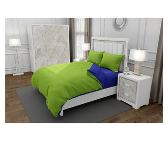 Lenjerie de pat pentru o persoana cu 2 huse de perna patrata, duo green, bumbac ranforce, gramaj tesatura 120 g/mp, verde/albast