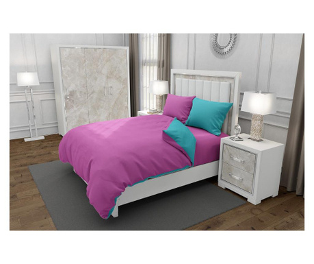 Lenjerie de pat pentru o persoana cu husa elastic pat si 2 fete perna patrata cu mix culoare, duo pink, bumbac ranforce, gramaj Duo