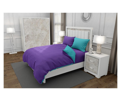 Lenjerie de pat pentru o persoana cu husa elastic pat si 2 fete perna dreptunghiulara cu mix culoare, duo purple, bumbac ranforc