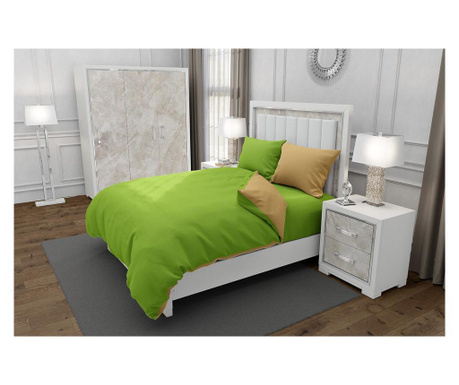 Lenjerie de pat pentru o persoana cu husa elastic pat si 2 fete perna dreptunghiulara cu mix culoare, duo green, bumbac ranforce